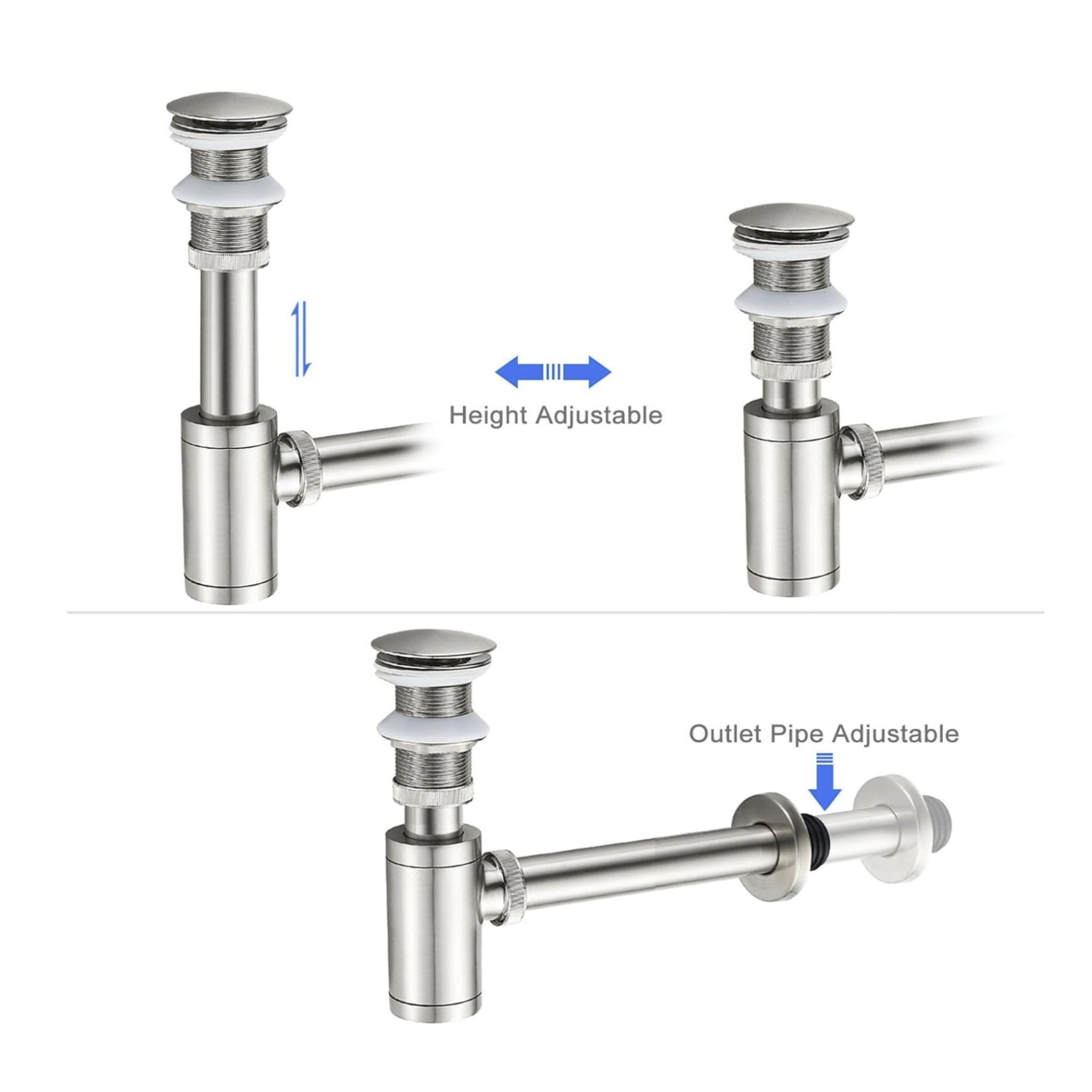 Brushed Nickel P-Trap & Pop-Up Drain Kit | No Overflow | Solid Brass & Stainless Steel