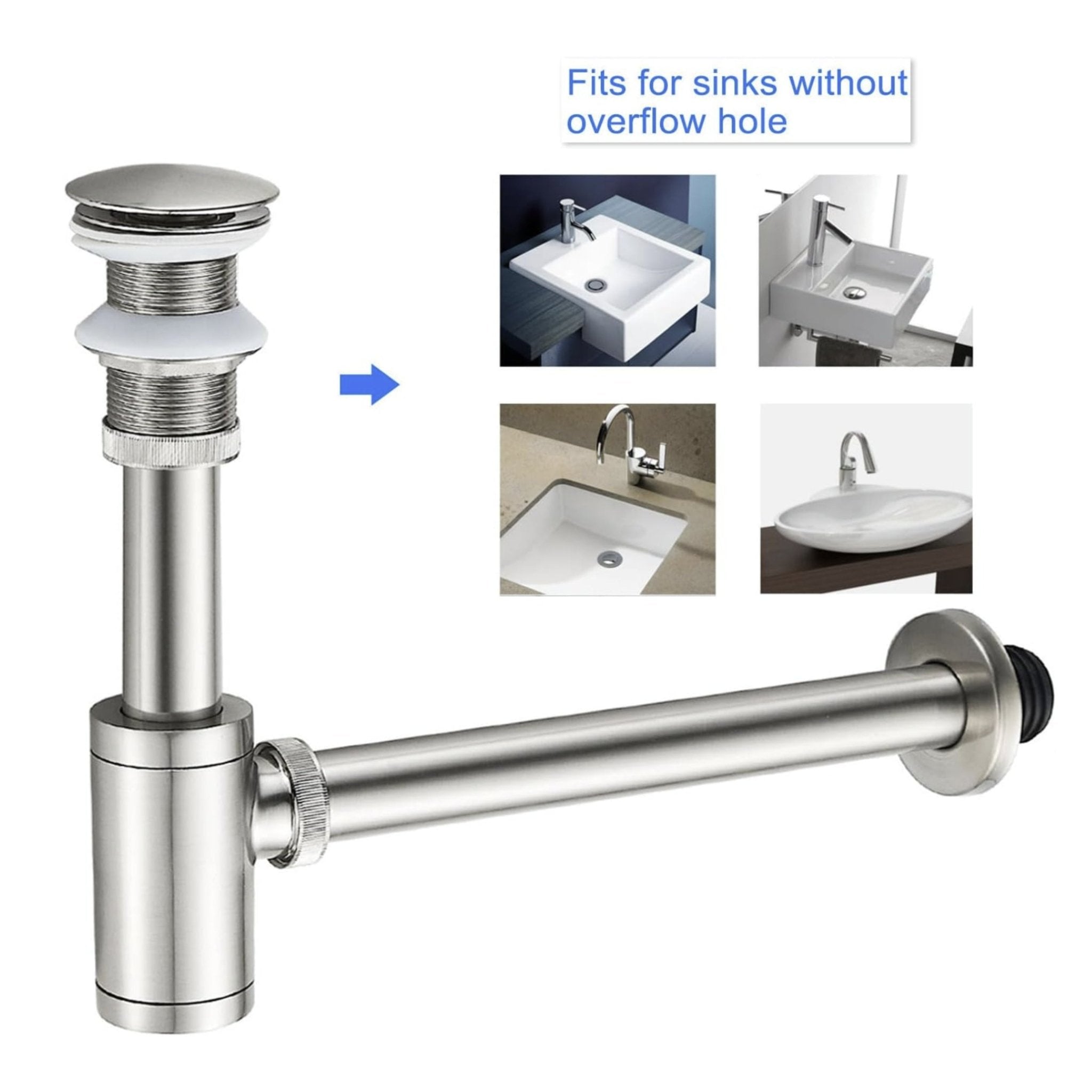 Brushed Nickel P-Trap & Pop-Up Drain Kit | No Overflow | Solid Brass & Stainless Steel