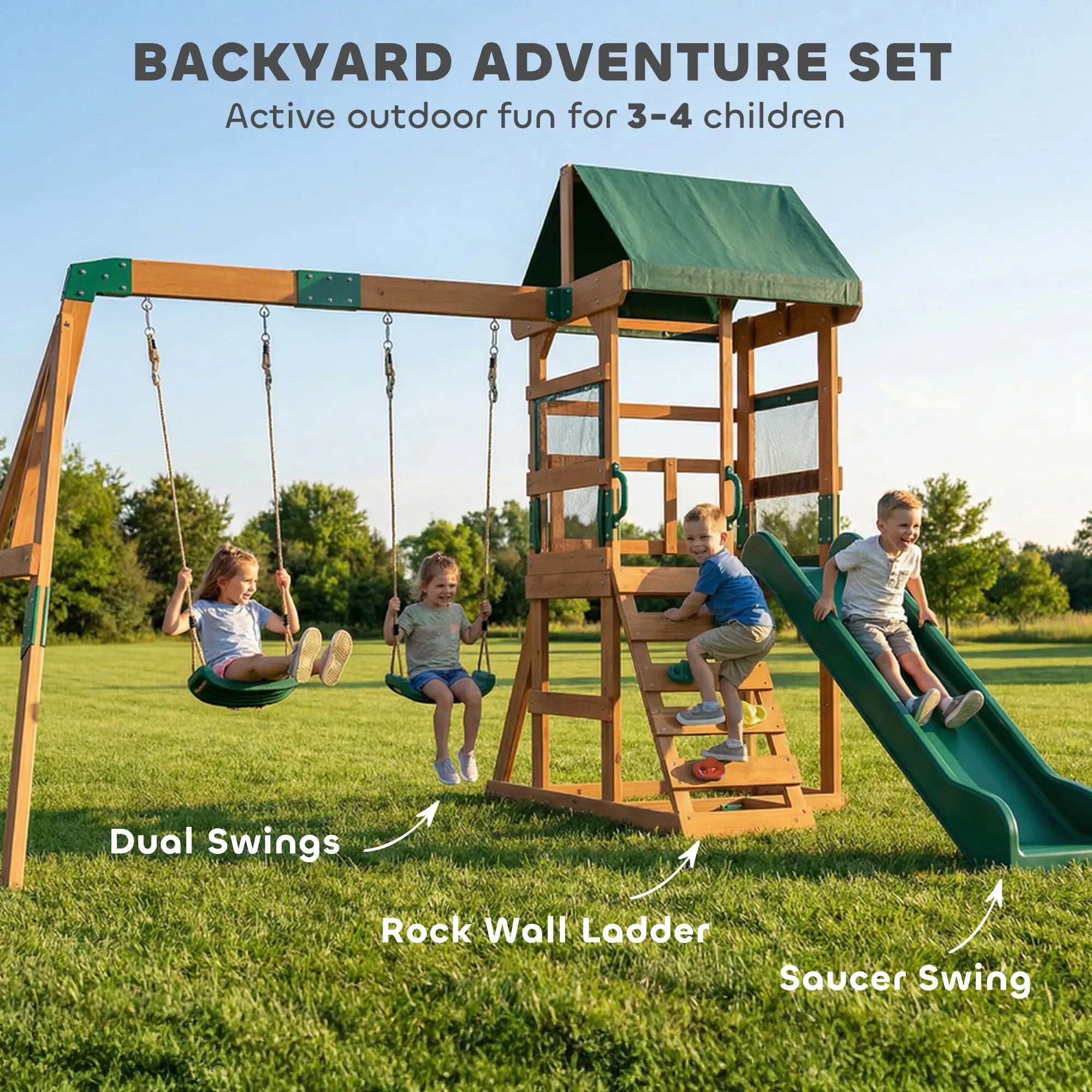 Qaba Wooden Swing Set with Slide, 2 Swings & Rock Wall (Kids Outdoor Playset)