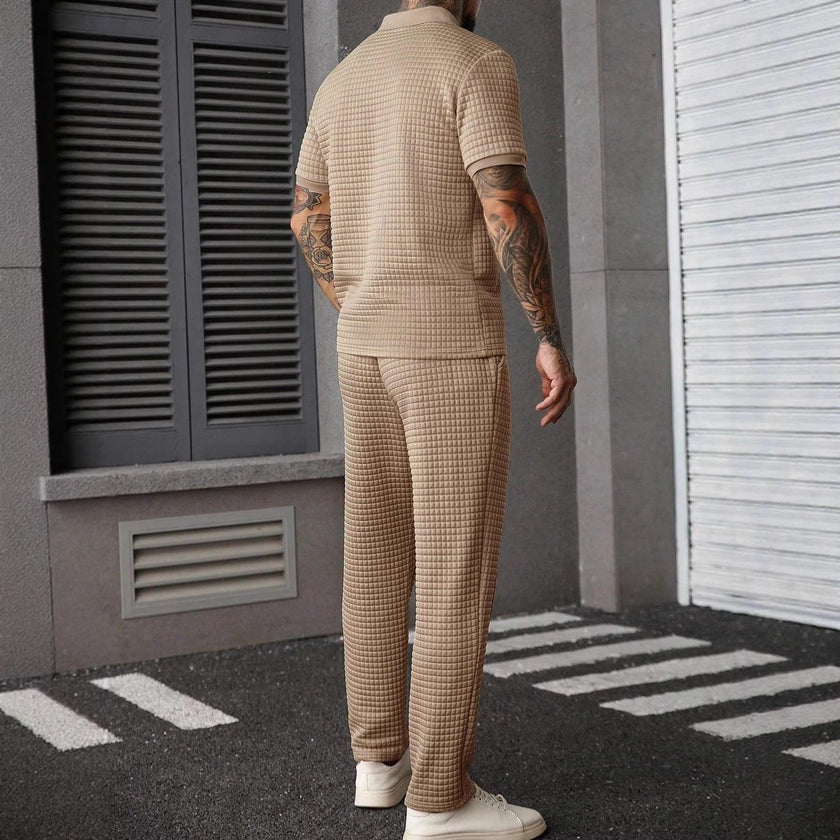 Men's Zip-Up Polo Shirt and Pants Two-Piece Set