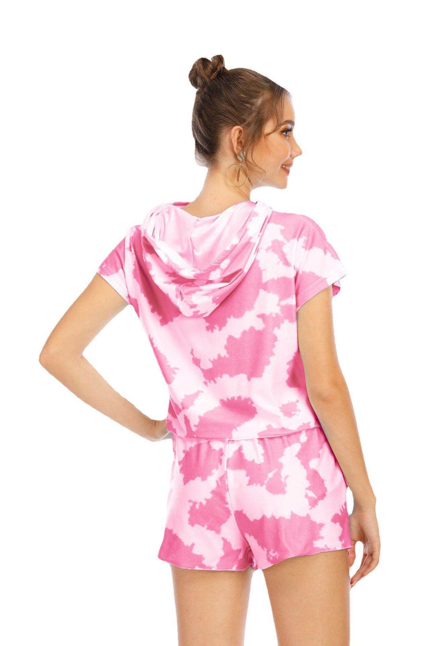 2pcs Tie-dye Loungewear Hoodie Athleisure Short-sleeved short set