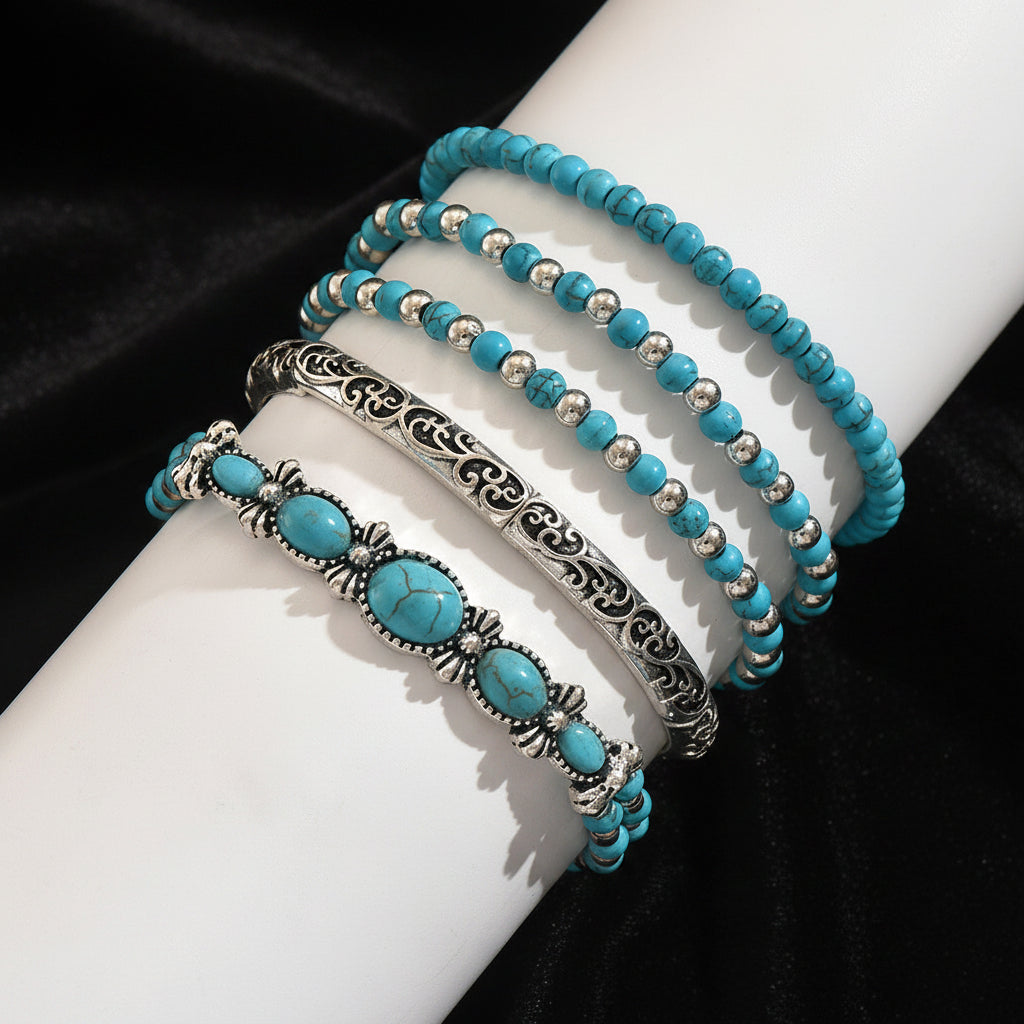 Turquoise Beaded Bow Bracelet Set for Women – 5-Piece Vintage Boho Stack