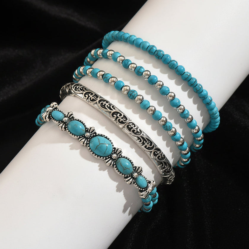 Turquoise Beaded Bow Bracelet Set for Women – 5-Piece Vintage Boho Stack