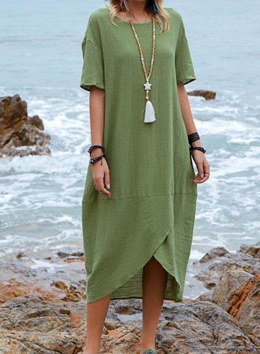 Women's Loose Casual Maxi Dress with Pocket – Cotton Linen Boho Long Dress