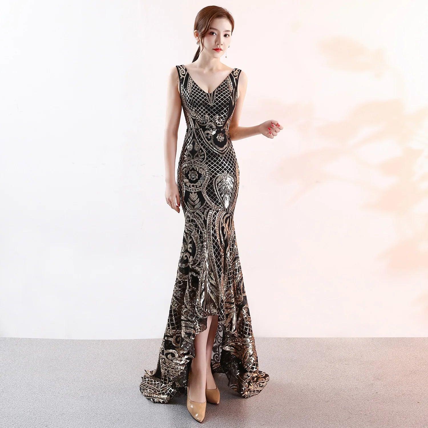 Evening Female V-neck Sexy Night Show Ladies Party Dinner Dress Host