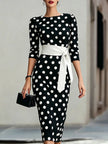 Retro Polka-Dot Belted Bodycon Dress – Elegant Knit Midi Dress for Women Canada