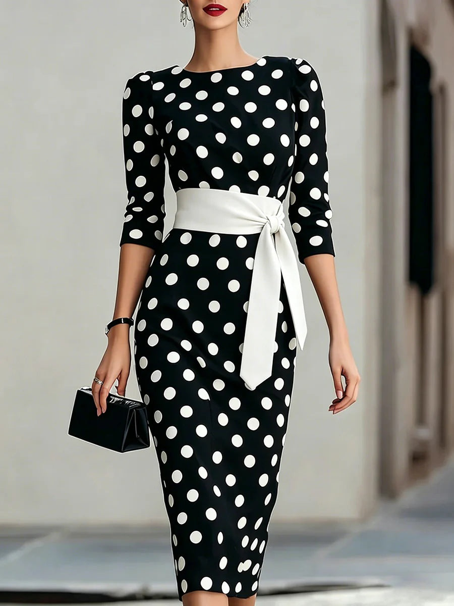 Retro Polka-Dot Belted Bodycon Dress – Elegant Knit Midi Dress for Women Canada
