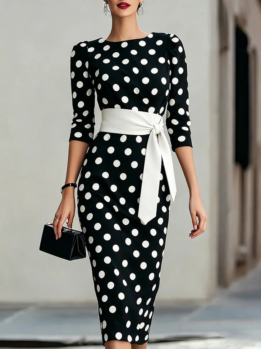 Retro Polka-Dot Belted Bodycon Dress – Elegant Knit Midi Dress for Women Canada