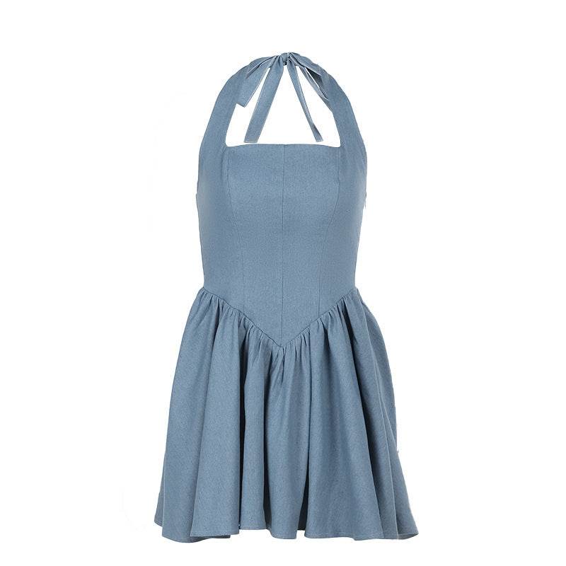 Women sleeveless Sling Waist jeans Denim Dress Backless halter neck flared mini dress
