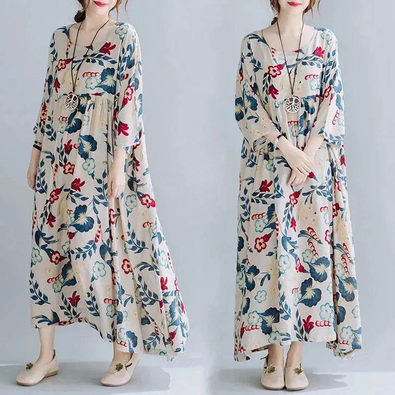 Plus Size Loose Panel Cotton Linen Print Short Sleeve Mum Maxi Dress