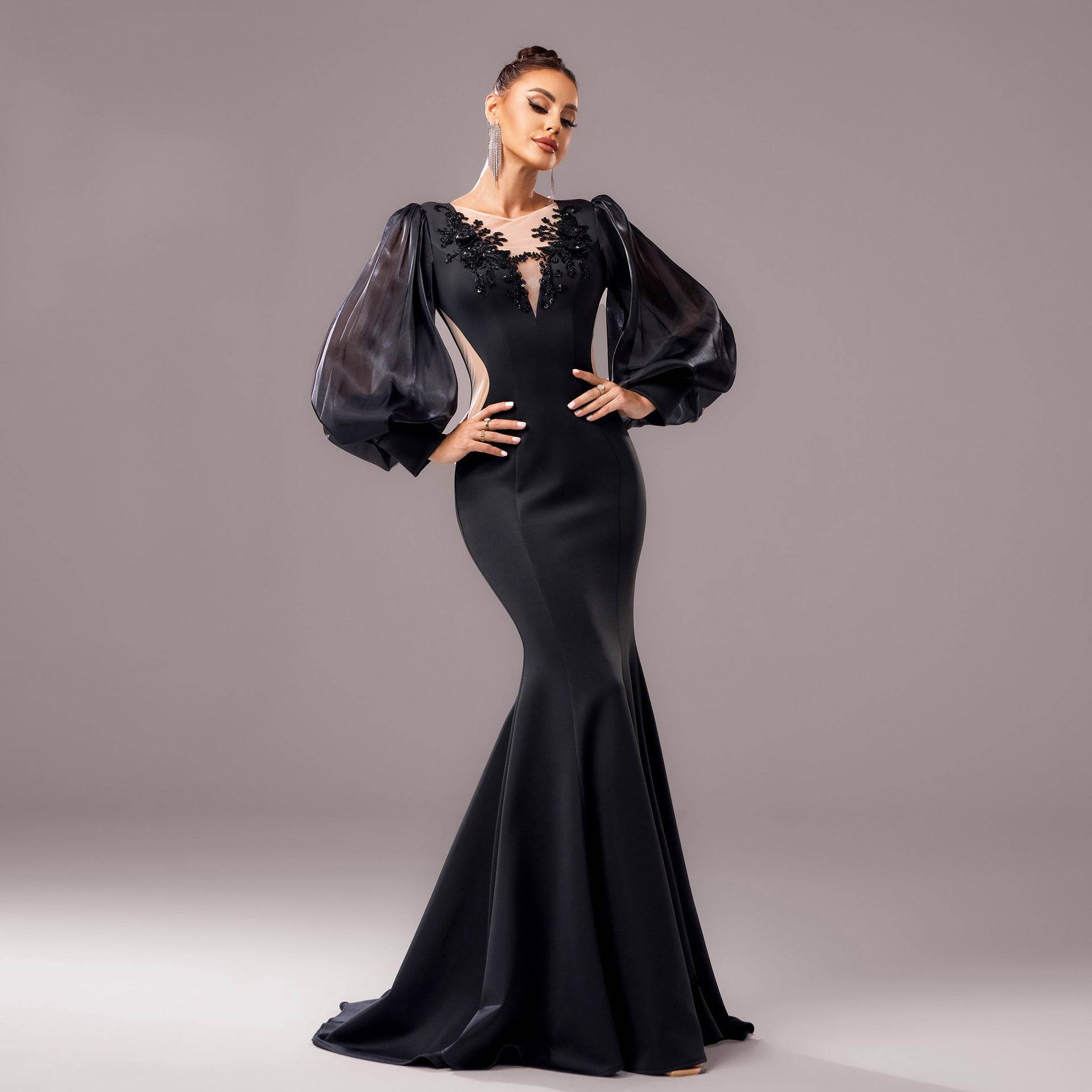Lantern Sleeve Banquet Applique Sheath Fishtail Mermaid Dress