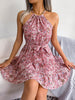 Spring Summer European And American Mini Tie belt summer Sundress Floral Halter neck dress