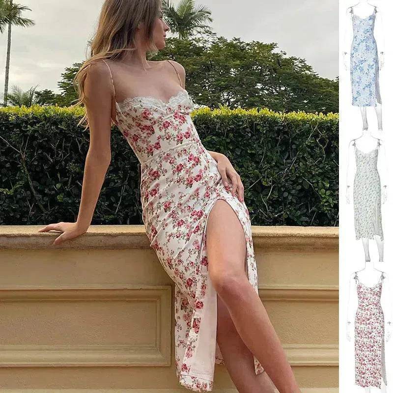 Women's Floral Spaghetti Strap Cami Dress Lace Trim Side Slit Bodycon Midi summer Dress