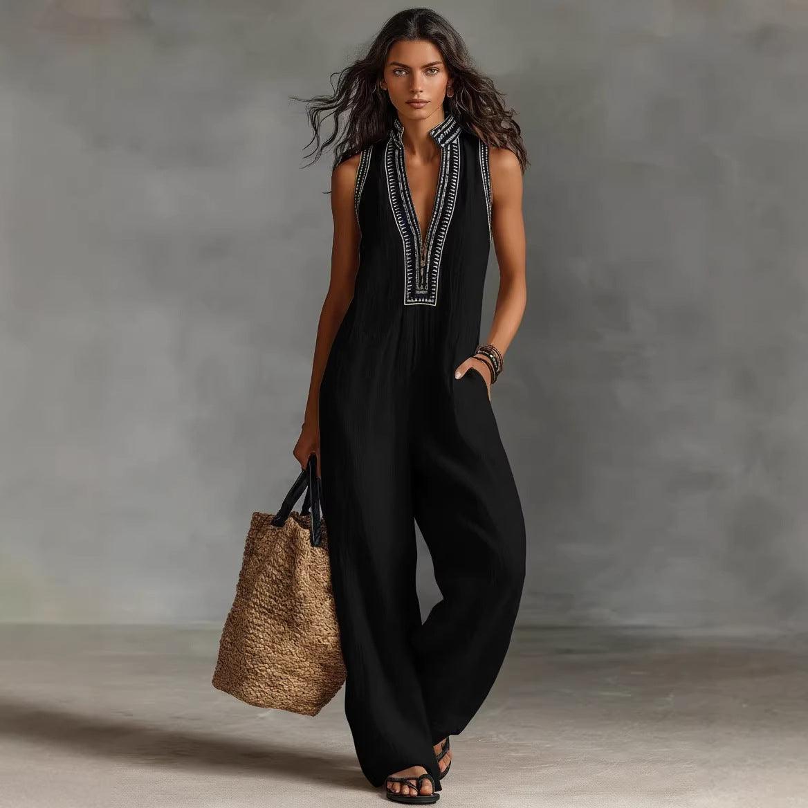 Women's Sleeveless Linen-Blend Jumpsuit – Loose Wide-Leg, Full Length