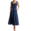 Women Sleeveless Sling Distressed Casual Style Button Denim Long Dress