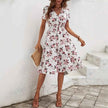 New Short Sleeve Cross Collar Dress Elastic Waist Printed Dress