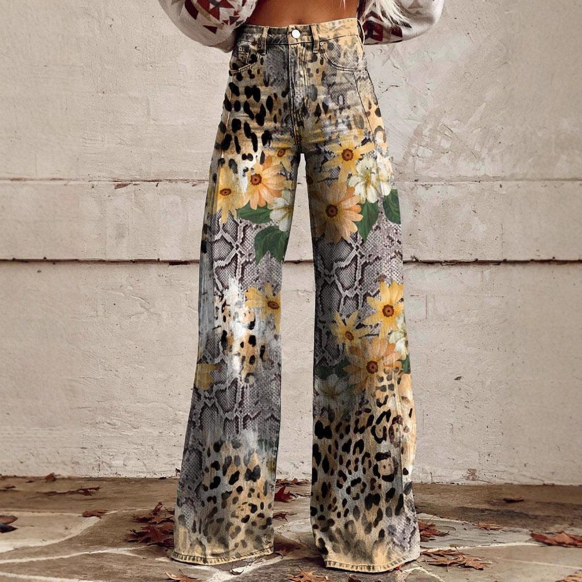 Graphic Printed Pants for Women – Stretch Denim Look Casual Trousers