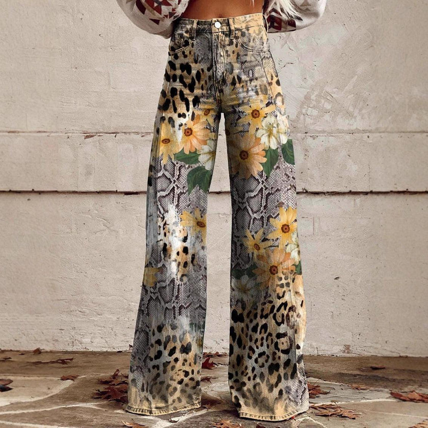 Graphic Printed Pants for Women – Stretch Denim Look Casual Trousers