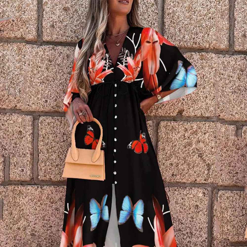 Summer Casual Vacation Style V-Neck Printed Dress