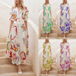 Summer Print Dresses V-neck Button Short Sleeve Midi Dress
