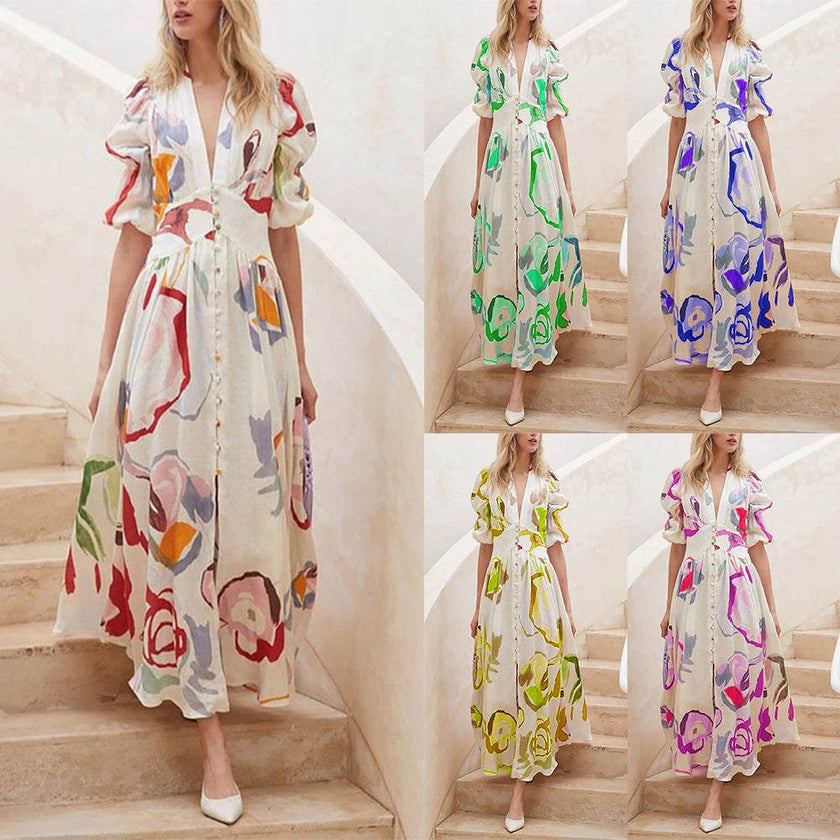 Summer Print Dresses V-neck Button Short Sleeve Midi Dress