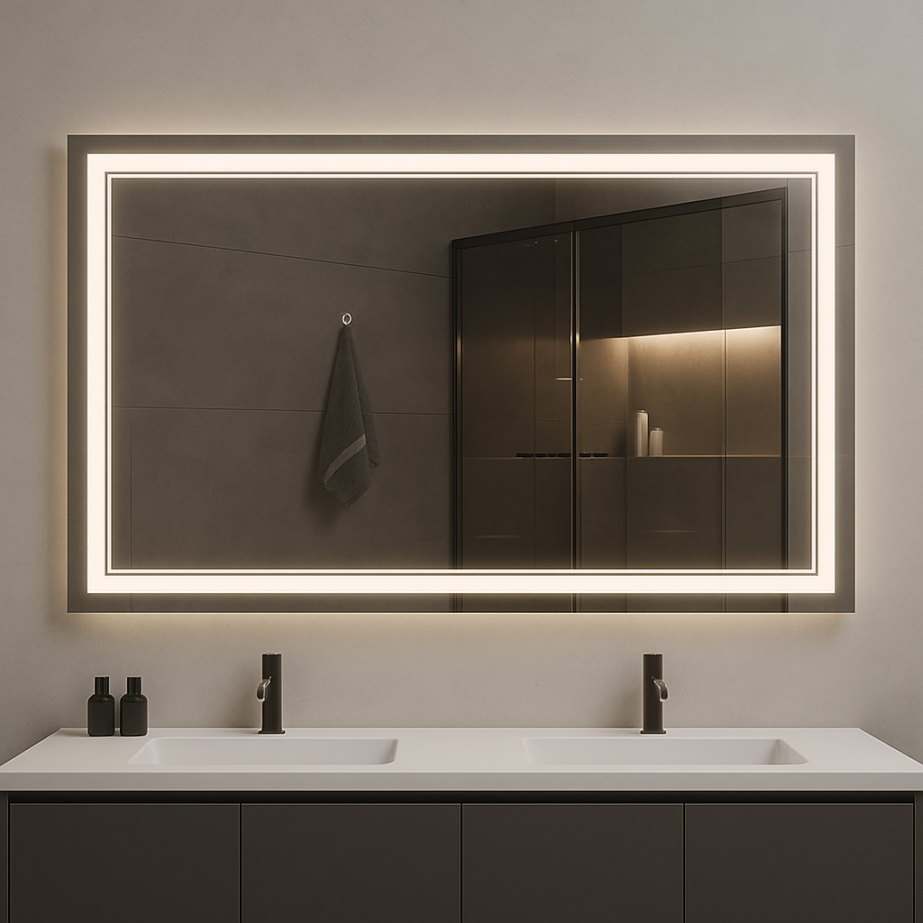 Nebula PureGlow Backlit LED Bathroom Mirror with Frosted Perimeter — Dimmable, Anti-Fog & 3-CCT (3000K/4000K/5000K) | 24–60