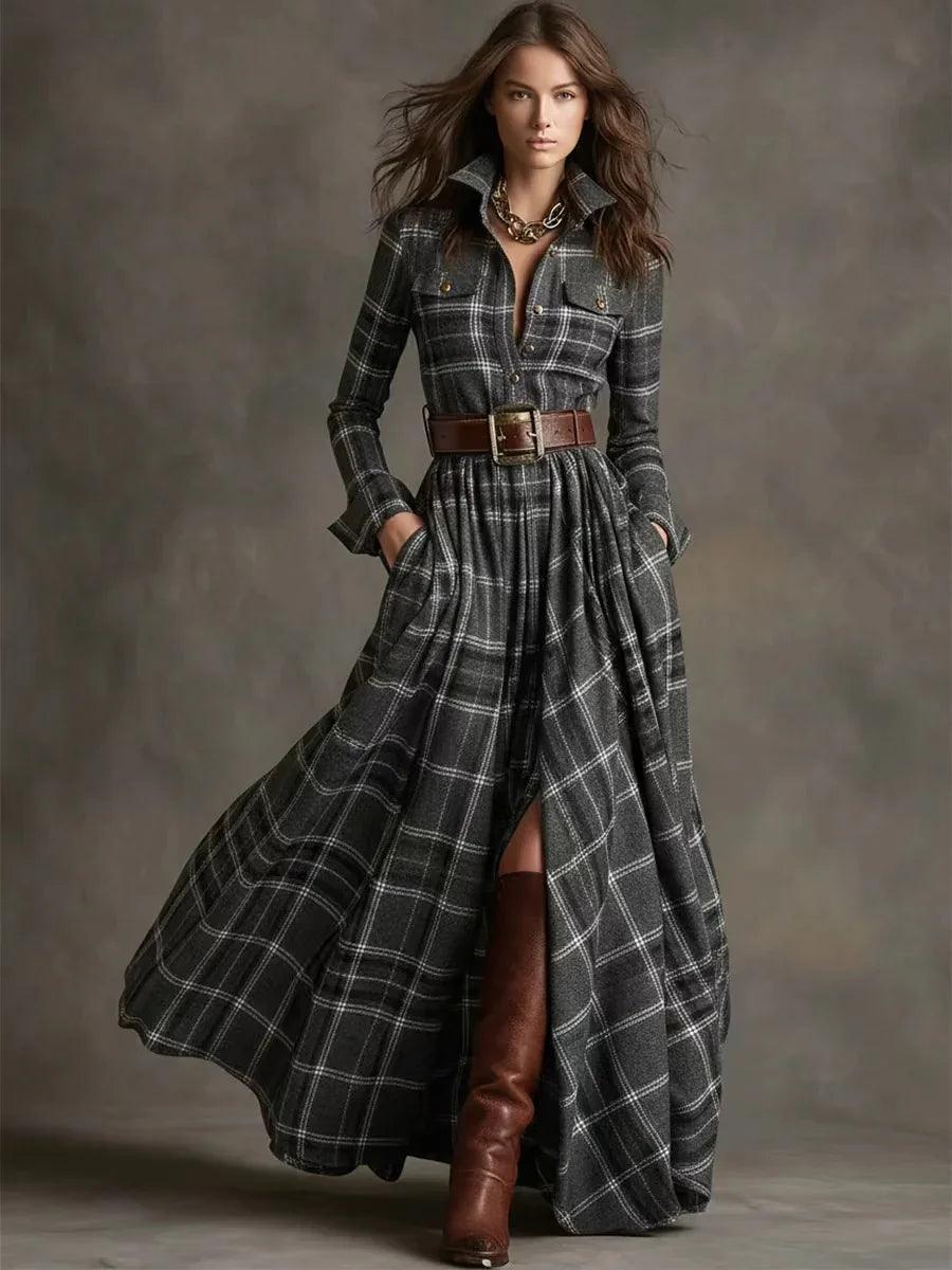 Large Size Women's Clothing French Retro Grid Slim Irregular Dress