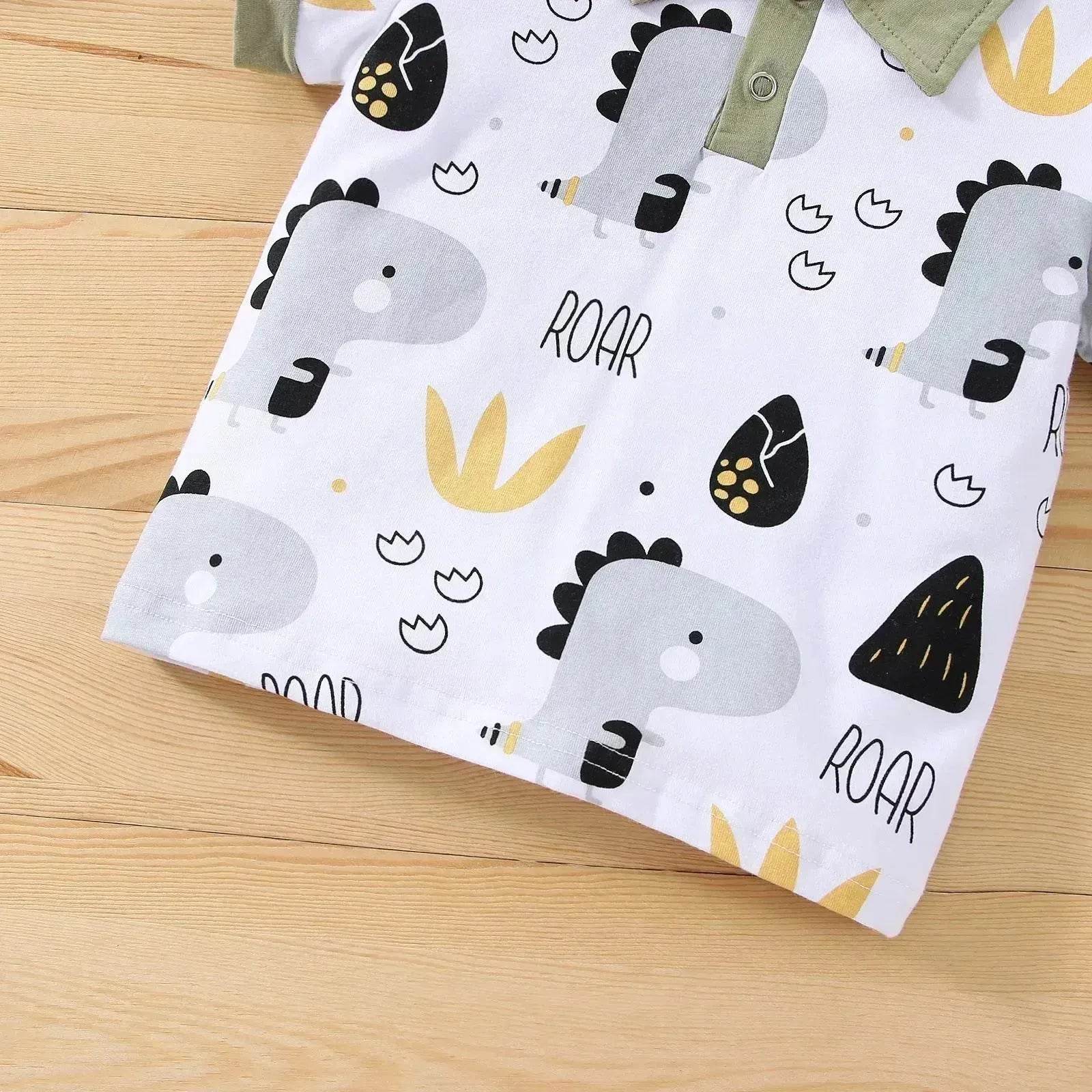 Boy's Little Dinosaur Lapel Cotton Short Sleeve Top Short Pants Suit Two piece for boys.
