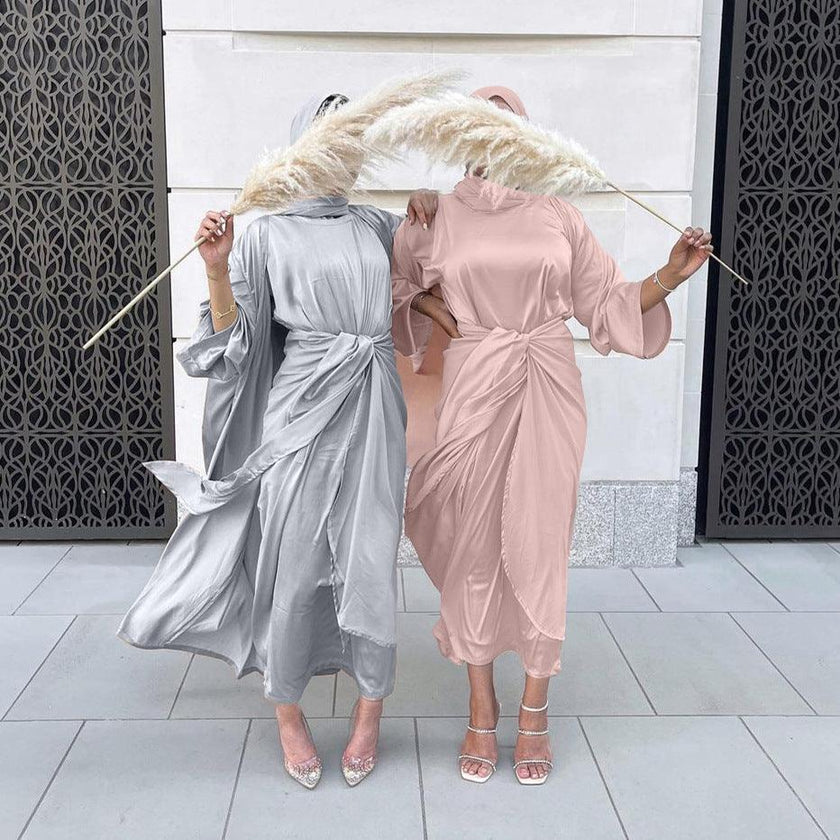 Women’s 3 Piece Abaya Set – Modest Satin Maxi Dress with Belt & Open Kimono Cardigan