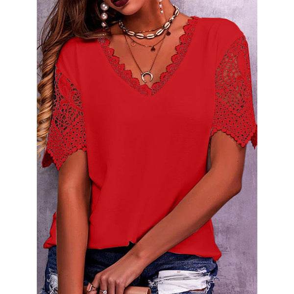 Summer Lace Tops Loose V Neck Short Sleeve Casual top