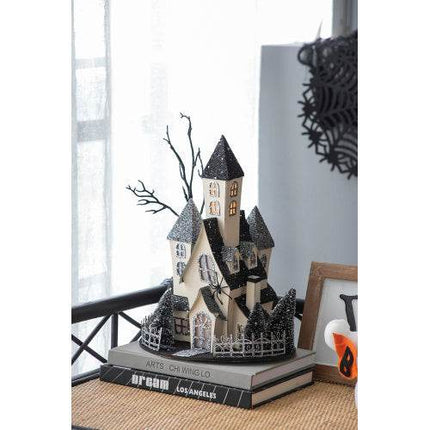 10x8.3x13.5 Cardboard Lighted Haunted House, Black Beige Tabletop Holiday Halloween Decor, Battery Powered