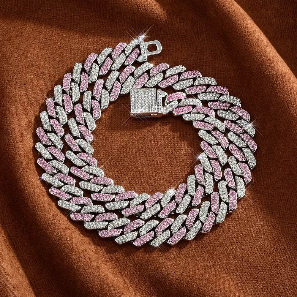 Box Buckle 14mm Bar Cuban Link Chain Bracelet and Necklace 2pcs