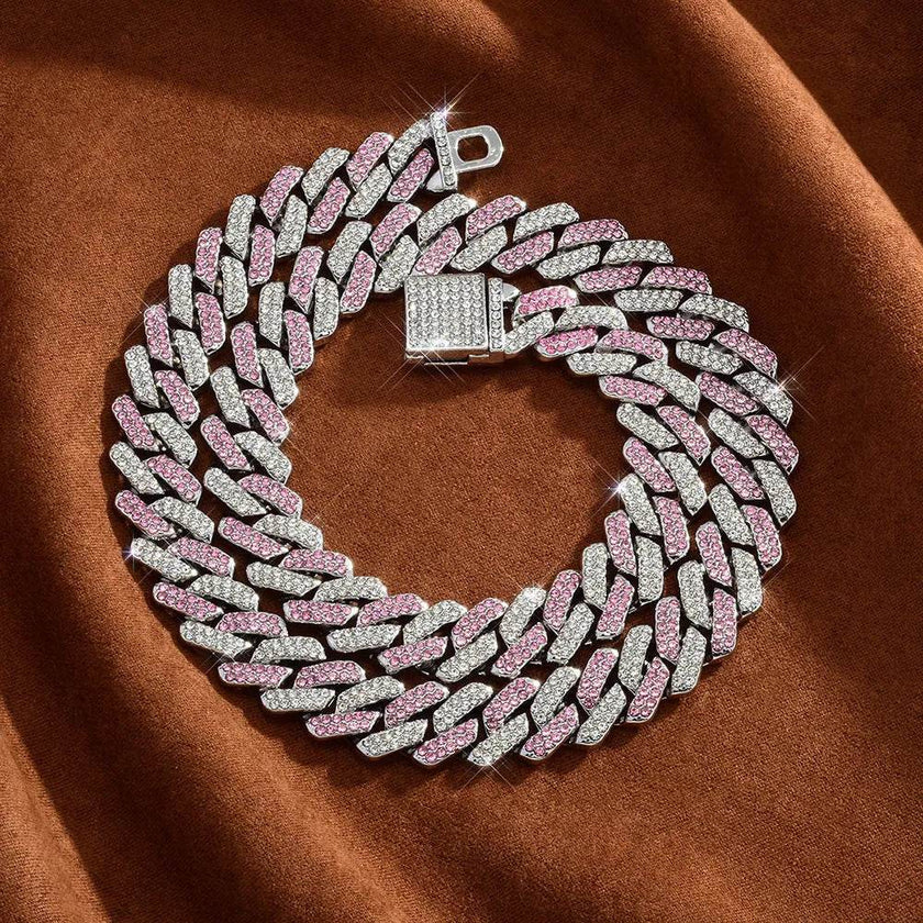 Box Buckle 14mm Bar Cuban Link Chain Bracelet and Necklace 2pcs