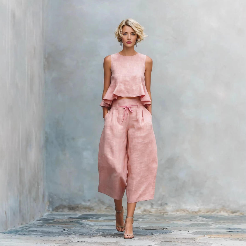 Women's 2 Piece Casual Linen Outfit Ruffle Top & Wide-Leg Pants