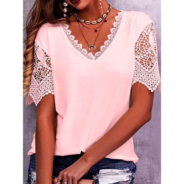 Summer Lace Tops Loose V Neck Short Sleeve Casual top