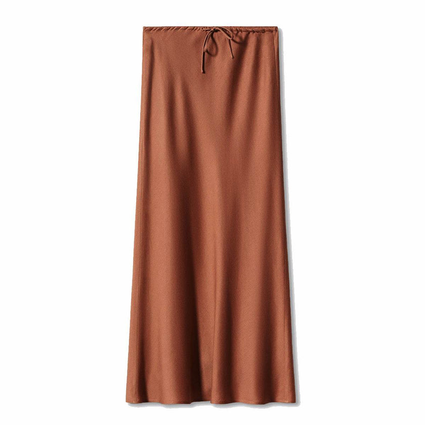 High Quality Satin Silk High Waist Drawstring Lace-up Solid Women Satin Midi Skirt