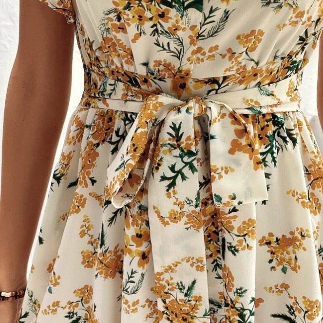 Women Bohemian Spring Short sleeve Casual flowy V-neck Tie belt Floral Summer Midi Dress
