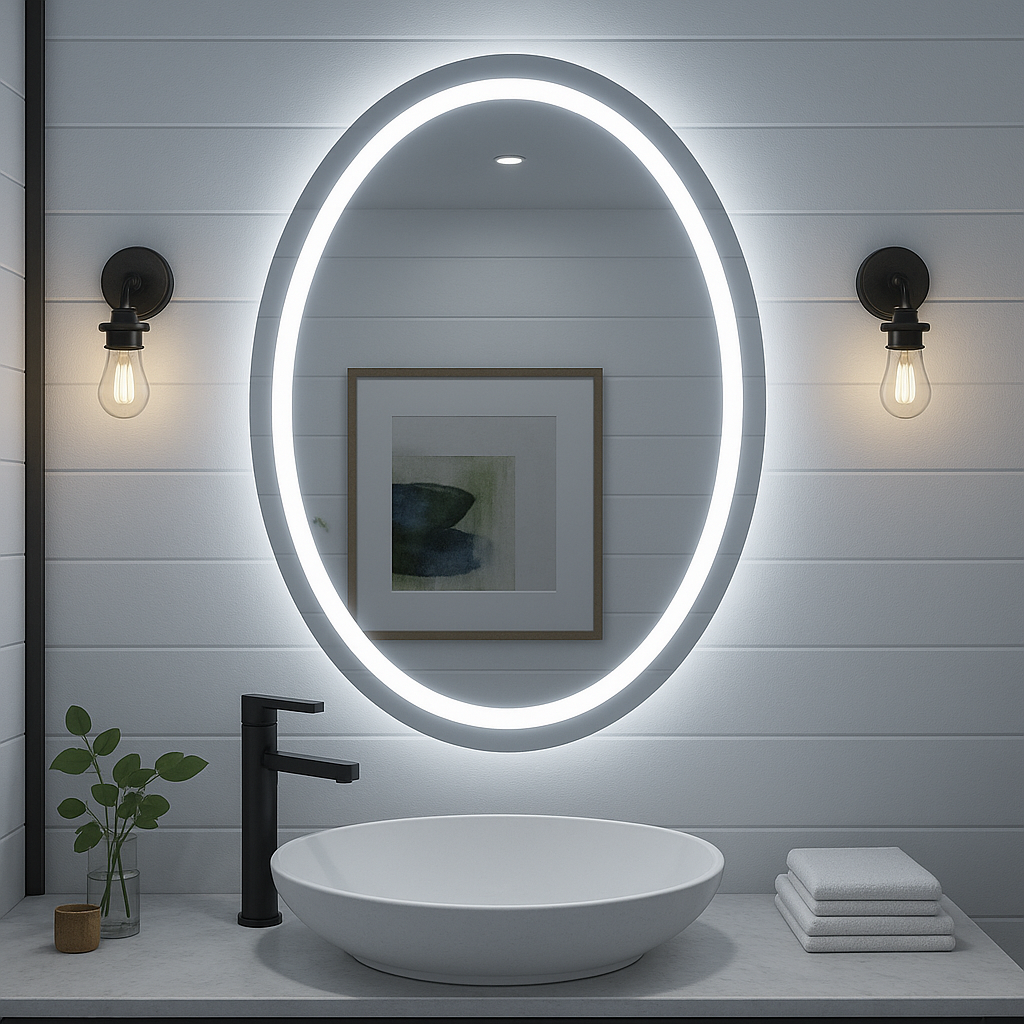 Noir Éclipse Oval LED Bathroom Mirror — Front Glow Frosted Ring + Back-Lit Halo, Dimmable, Anti-Fog & Memory (3000K/4000K/5000K) | 24