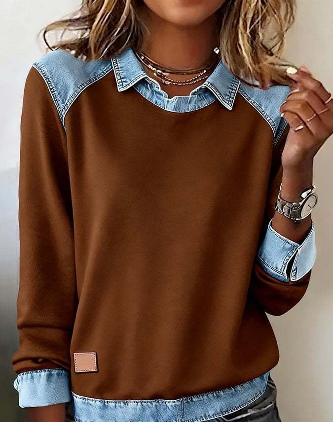 Denim Collar Long Sleeve Patchwork Knit Pullover Top – 16 Colours, S–XXXL