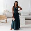 V-neck Sleeveless Dress With Belt Summer Fashion.