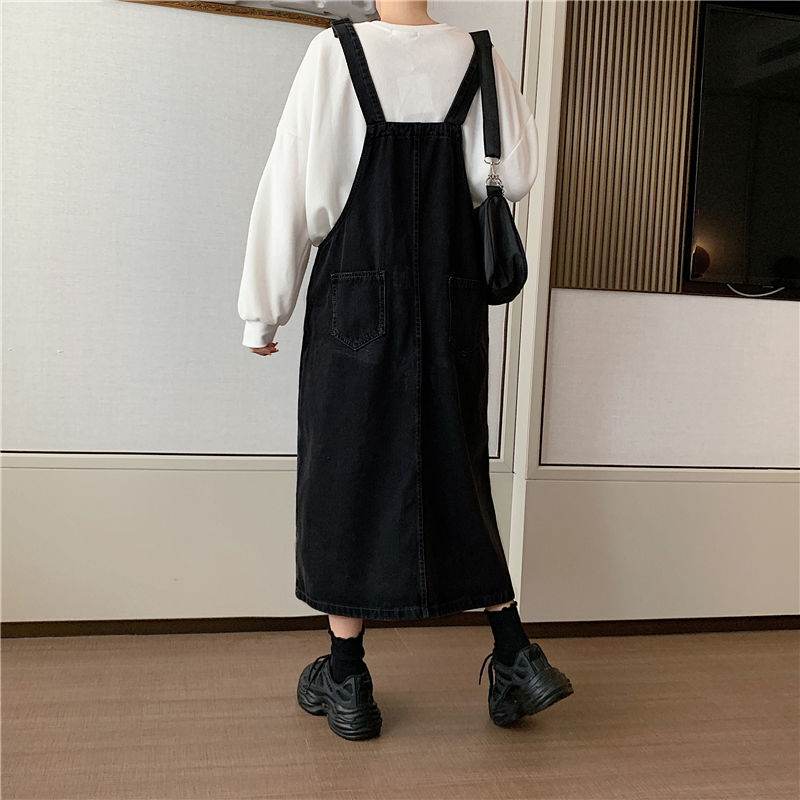 Student Denim Shoulder Strap Spring And Autumn Plus Size Mid-length Sling Black Denim Jumper Dress