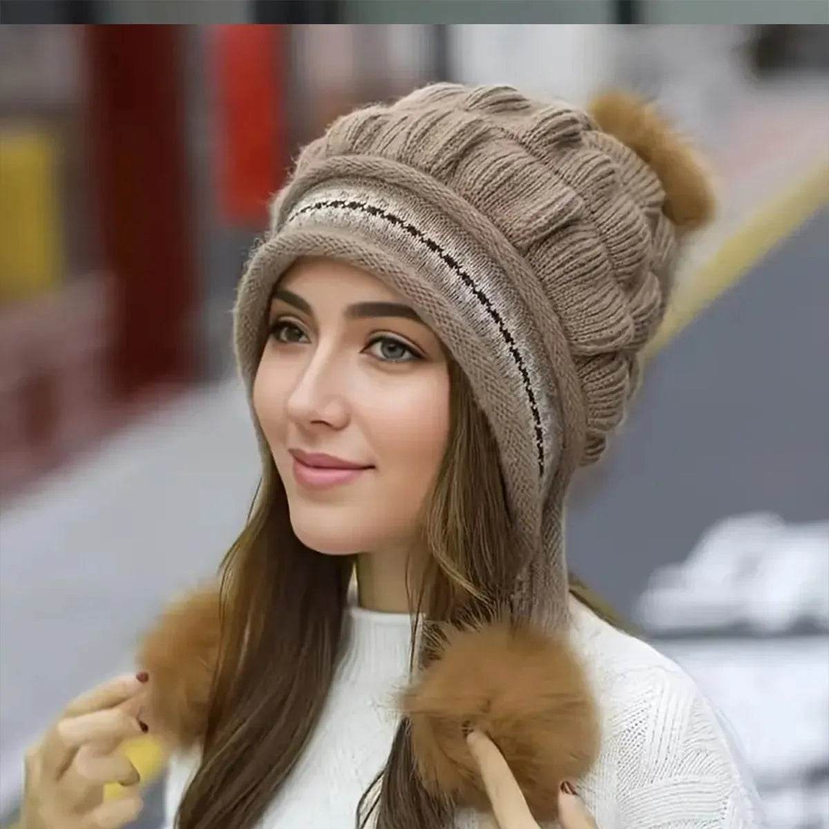 Women Cozy Knit Fleece-Feel Beanie With Ear Flaps Winter Hat Perfect For Skiing & Outdoor Activities
