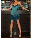 Elegant Chic Spaghetti Strap Luxury Tassel Sequins Feather Women’s Mini Dress for Evening Party, Cocktail Wedding Guest.