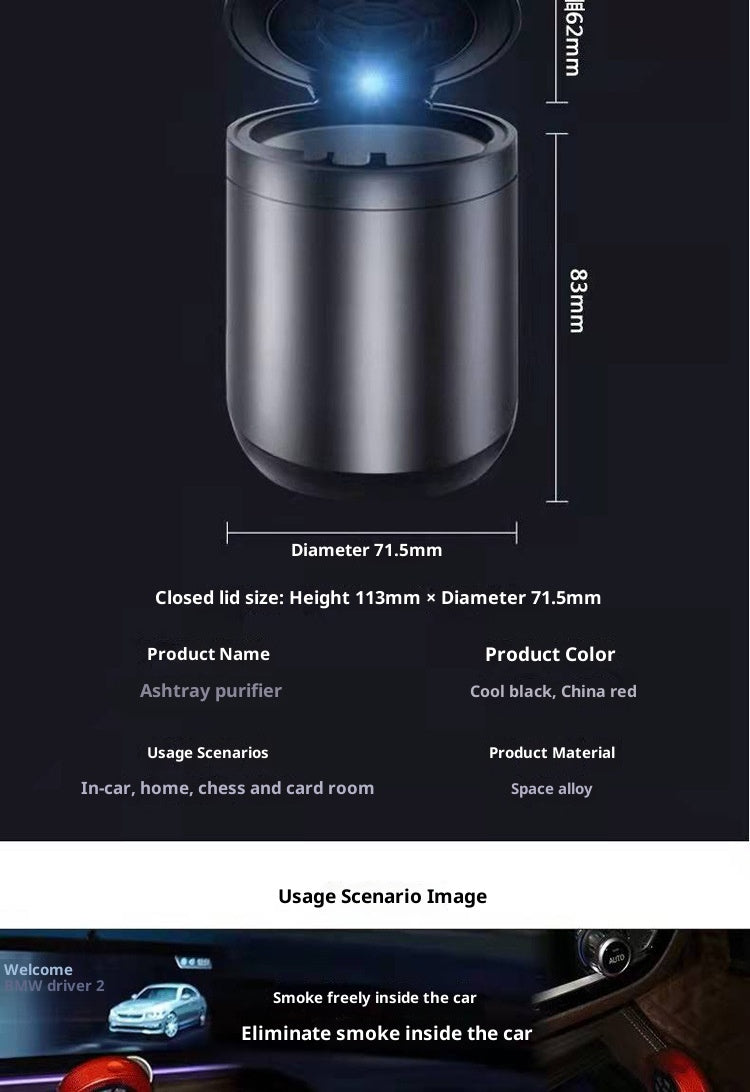 Black Rechargeable Ashtray Air Purifier with Lid & USB-C Charging