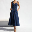 Women Sleeveless Sling Distressed Casual Style Button Denim Long Dress