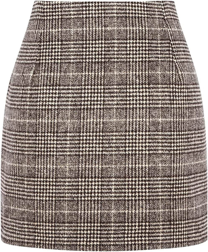 Women's High Waist Plaid Tight Pencil Wool Mini Skirt