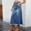 European And American Washed Frayed Hem Blue Denim Midi Skirt