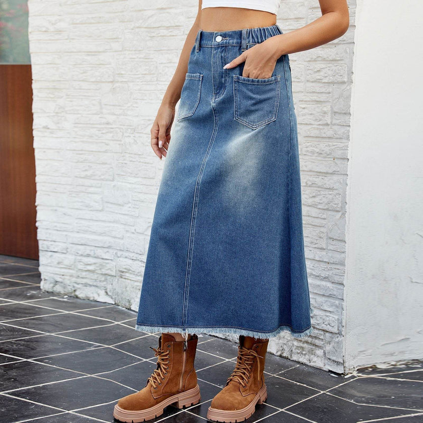 European And American Washed Frayed Hem Blue Denim Midi Skirt