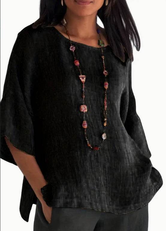 Women's 3/4 Sleeve Linen Blouse – Loose Round Neck Casual Top (S–3XL, 5 Colors)