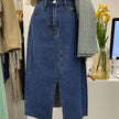 Casual Front Slit Dark Blue and Light Blue Denim Midi Skirt for women